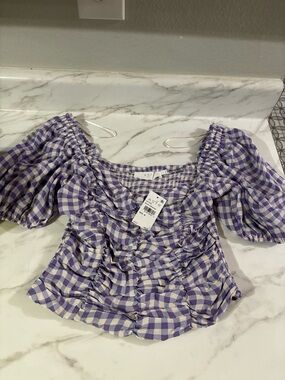 Astr Lavender Gingham Ruched Off-Shoulder Blouse
